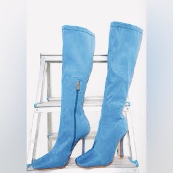 PrettyLittleThing,  Sky Blue Neoprene Stiletto Zip Boots | EUC, Size 7 - Picture 2 of 10